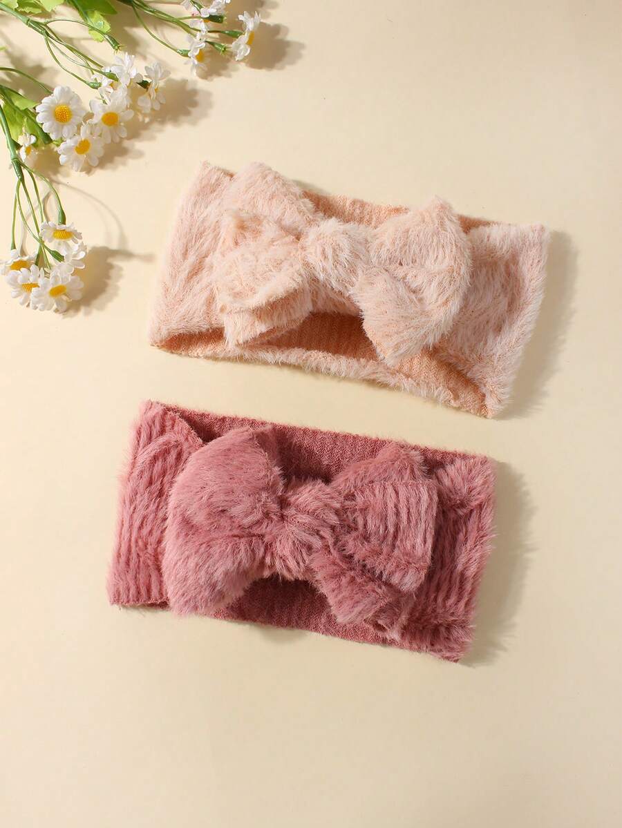 2pcs Newborn Cute Fluffy Bow Soft Breathable Baby Hair Accessories Set, Suitable For Daily Wear All Seasons