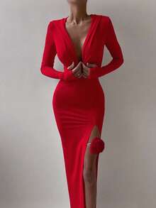 Sedessea Women's Elegant Solid Red Casual Sexy Hooded Split Dress, Suitable For Daily Outings, Dates, Music Festivals, Holidays, Parties, Street Photography, Gatherings, Halloween, Christmas, New Year - Red - View 10