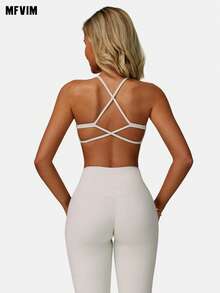 MFVIM 女士纯色运动文胸，交叉背带设计，速干，减震瑜伽上衣 - 杏色 - 查看 4