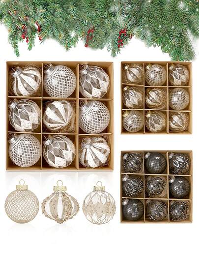 9 st. genomskinliga och champagnefärgade julkulor, 80 mm/3,15 tum rustika juldekorationer i lantlig stil, stora, splittersäkra, lyxiga handmålade julgransprydnader för julgran, bröllop, julgransprydnader, julkulor, heminredning, rumsdekor, vinterjuldekorationer, hem, julklappar, juldekoration