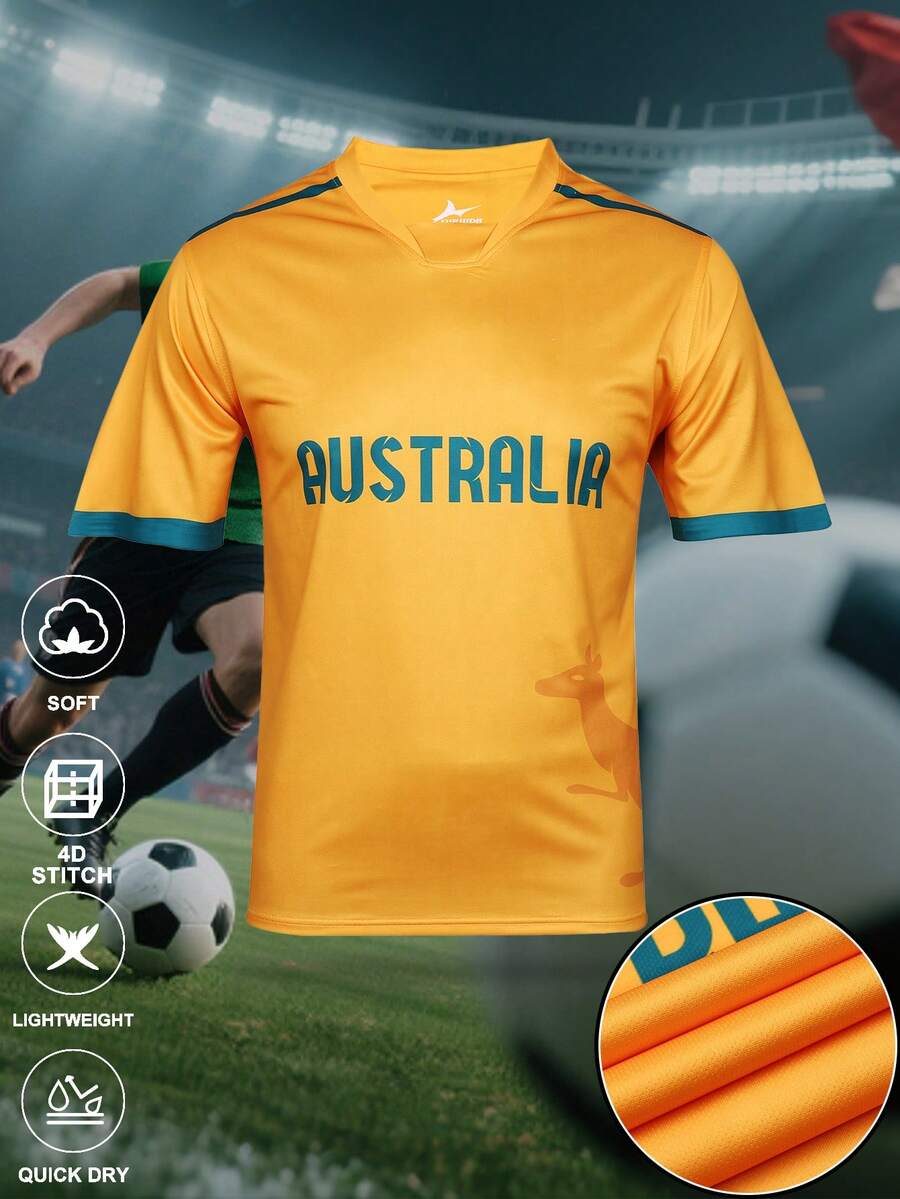 SURUIDA 1pc Australia Men's Soccer Jersey, Digital Printing Yellow Sports Shirt, Comfortable Sportswear T-Shirt Suitable For Team Matches