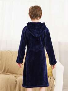 青少年男孩海军蓝色长袖连帽双口袋浴袍家居服 - 藏蓝色 - 查看 2