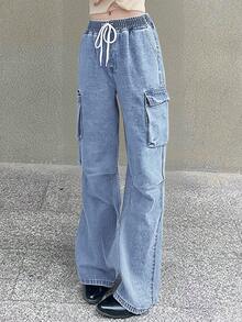 Women's Drawstring Waist Cargo Jeans - Straight Leg Denim Pants With Utility Pockets, Streetwear Comfortable Jogger Pants For Women Urban Fashion ﻿