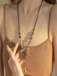 1pc Women's Bohemian Style Vintage Butterfly Pendant Multi-Layer Adjustable Handmade Beaded Necklace