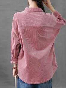 Women's Spring/Fall New Retro Corduroy Shirt Jacket - Collared Long-Sleeve Button-Front, Lightweight Woven Fabric, Pockets, Regular Length, Versatile Pink Casual Outerwear