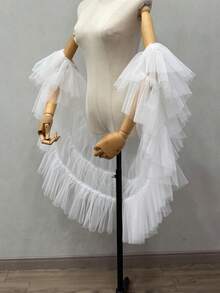 1 件白色新娘简约可拆卸多层不对称网眼披肩夸张泡泡袖斗篷新娘配饰 - 彩色 - 查看 6