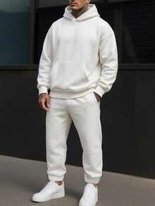 Nowy męski zestaw odzieży sportowej w jednolitym kolorze, prosty, jednokolorowy, codzienny zestaw z kapturem na jesień i zimę do pracy - Biały - Zobacz 2