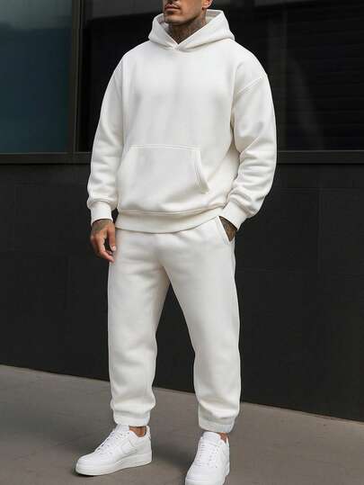 New Men's Solid-Color Casual Sportswear Set, Simple Solid-Color Daily Commuting Autumn And Winter Hooded Set