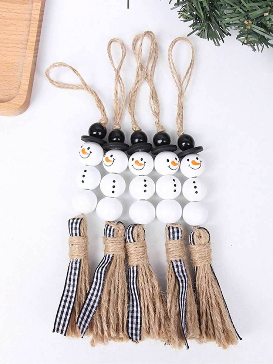 50 pièces Perles en bois de bonhomme de neige de Noël - Perles de bois rondes blanches d'hiver non finies pour l'artisanat DIY, la décoration de fête de Noël et la maison