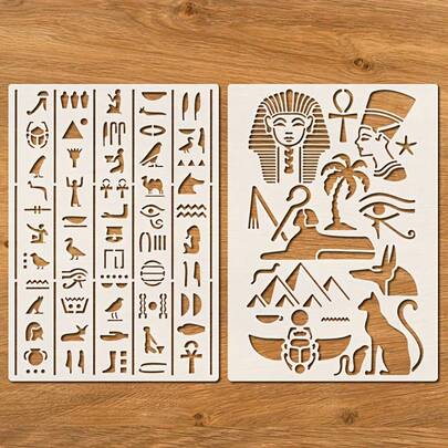 2pcs Egyptian Hieroglyphic Templates, A4 Size Ancient Egyptian Hieroglyphic Alphabet Templates, Suitable For Wood, Wall, DIY Crafts, Art Home Decor