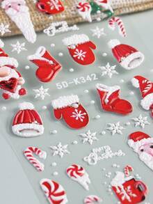 Cartoon Santa Claus Christmas Nail Stickers 5D Cute Elk Penguin Deer Winter Snowflake Snowman Bear Red White Striped Hats Gloves Christmas Design DIY Nail Decorations