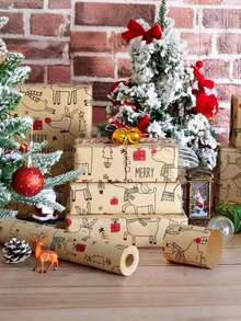Carta da regalo natalizia - 43 cm x 300 cm - Rotolo di carta da regalo per scatole regalo di Natale, decorazione per feste di compleanno - Carta da regalo in kraft rosso e marrone con un delizioso design a cervi, Buon Natale, classico vintage Rotolo di carta da regalo per Natale, Capodanno, vacanze invernali