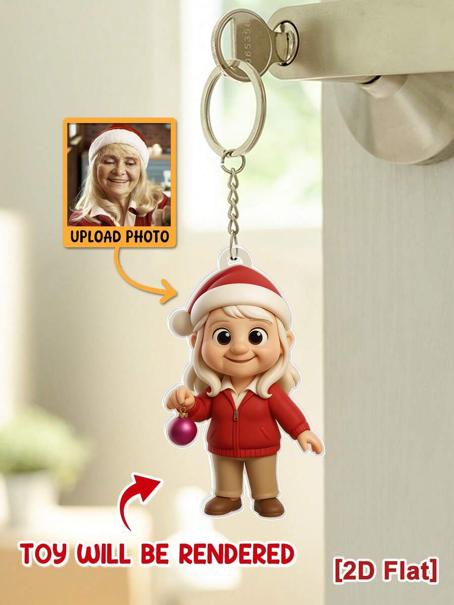 Customized 2D Christmas-Themed Character Model With Santa Hat, Rendered Based On Uploaded Photo, Personalized Keychain Gift For Family And Friends