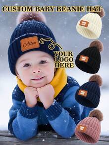 Personalized Kids Knitted Beanie Hat With Single Pom Pom, Multi-Color Options, Leather Label For Engraving, Suitable For Older Children, Winter Outings, Family Gatherings, Etc.