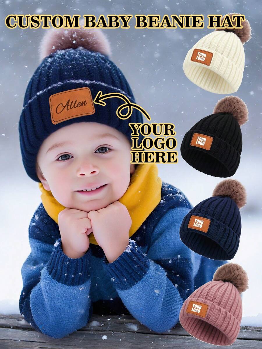 Personalized Kids Knitted Beanie Hat With Single Pom Pom, Multi-Color Options, Leather Label For Engraving, Suitable For Older Children, Winter Outings, Family Gatherings, Etc.