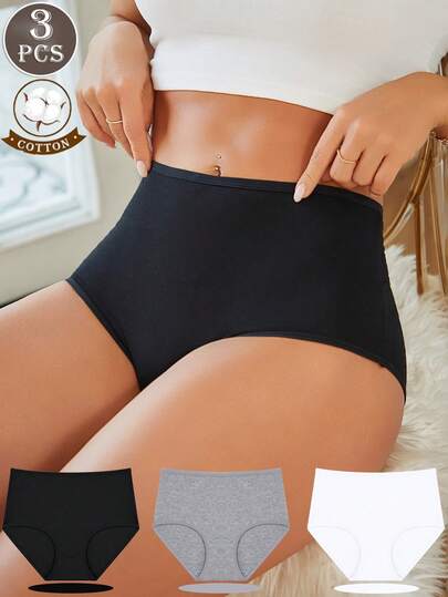 3pcs Women's Soft Cotton Solid Color Breathable High Waist Briefs, Black & White, Plus Size Underwear
