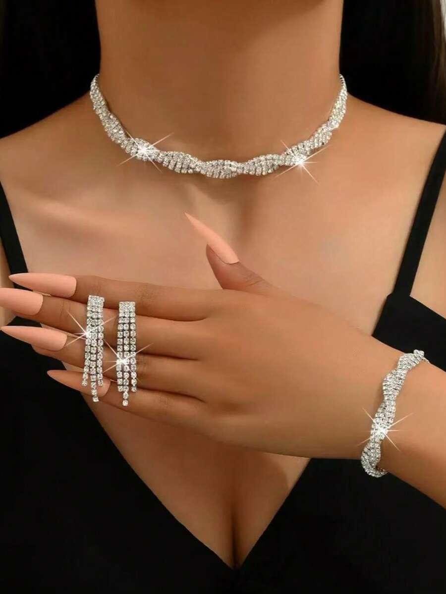 3 Peças Conjunto de Colar, Pulseira e Brincos com Borla, Conjunto de Joias Trançadas em Cruzamento para Mulheres, Acessórios Nupciais para Casamento e Festa - Multicolorido - Visão 1