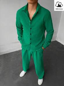WAIT HIM Setelan 2 Potong Kemeja Lengan Panjang dan Celana Kasual Warna Polos Pria 100% Katun, Pakaian Musim Gugur - Hijau - View 6