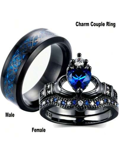 Wedding Bands Couple Rings Valentine's Day Gift Wedding Bands Charm Couple Rings For Lover's Fashion Stainless Steel 's Ring Blue Rhinestones Zirconia Women's Ring Sets Valentine's Day