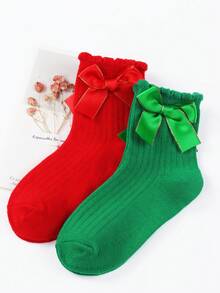 2 Pairs Christmas Color Mid-Calf Socks, Suitable For Party Decorations, New Year Party Gifts, Small Giveaways, Bow Decorated Mid-Calf Socks, Family Holiday Christmas Party Decorations, Thickened Christmas Dot Bow Socks For Infants And Toddlers