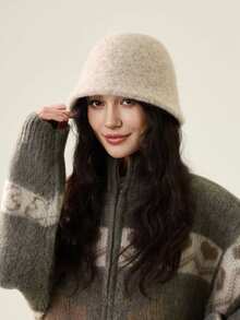 1pc Women's Autumn/Winter New Wool Bucket Hat, Warm & Face-Slimming Fluffy Knitted Bucket Hat, Versatile & Stylish - Bucket Hat - View 5