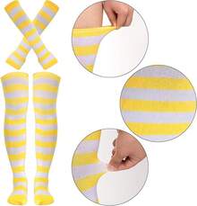 Tongcloud Women's Striped Knee High Socks, Over Knee Thigh High Socks, Arm Warmer And Fingerless Gloves SetHalloween Christmas New Year - 白色和黃色 - 查看 6