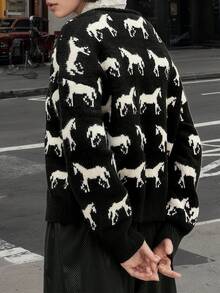 Women's Autumn And Winter New Animal Pattern Contrast Color Casual Fashion Ribbed Long-Sleeved Sweater Cardigan Jacket