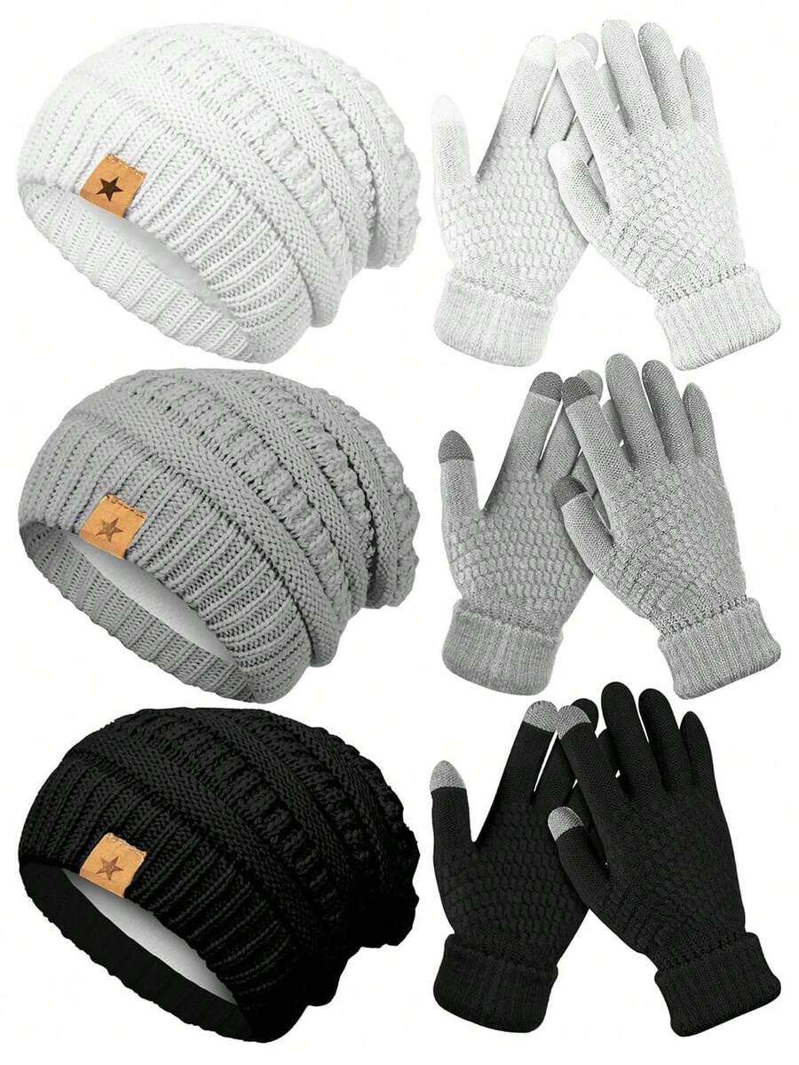 2Pcs Women Winter Beanie Hat Gloves Set 1 Pc Warm Knitted Hats And 1 Pair Touchscreen Gloves Women Lady Cold Winter Gifts Winter Warm