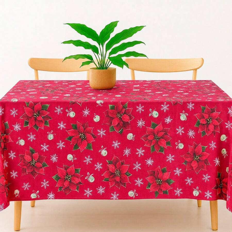 Oxford Printed Hemmed Tablecloth For 4, 6, Or 8 Rectangular Kitchen Dining Chairs - Red Christmas - View 1