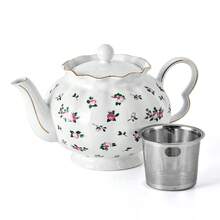 MBB 1 Juego de tetera de cerámica grande con infusor de acero inoxidable, tetera de estilo europeo hecha a mano de cerámica, juego de té vintage para regalo, tetera de 1000 ml (33.5 oz) - Tetera de cerámica premium con infusor para té floreciente y suelto - Tetera de cerámica con decoración de rosas, tetera blanca con decoración de rosas, tetera de 33.5 onzas con tapa, tetera clásica para servir té y café, hecha de nueva porcelana de hueso, apta para lavavajillas, tetera con hojas