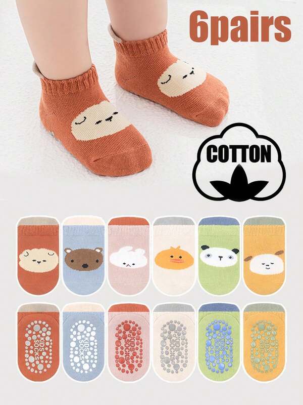 6 Paar Baby Jungen/Mädchen Antirutsch Griff Socken, Kindersocken, Kleinkind Socken, weiches & bequemes Material, Cartoon Muster, geeignet für alle Jahreszeiten