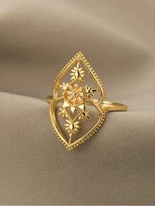 1 pieza Anillo de flor hueco de moda para mujeres y hombres, color dorado, de acero inoxidable con diseño geométrico, joyería estética para boda, regalo de pareja