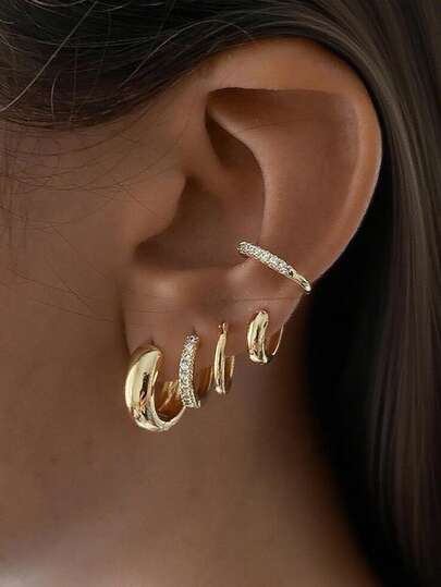 10pcs Simple Metal Geometric Copper Cubic Zirconia Hoop Earrings, Women's Holiday, Date, Gift, Casual, Party, Wedding Accessories