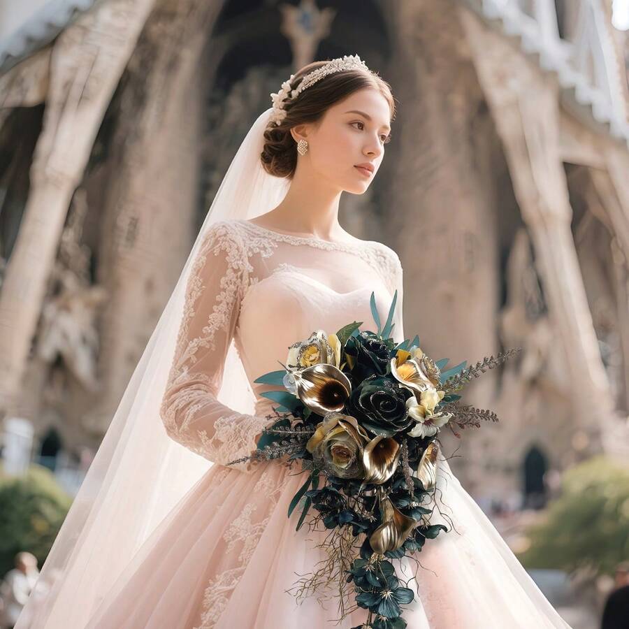 Bridal Bouquets Holding Flowers, Cascading, Bridal Bouquets, 17.7-Inch Bridal Bouquets, Wedding Throwing Bouquets, Artificial Flower Bouquets, Wedding Ceremonies And Anniversary Decorations - 藍色 - 查看 1