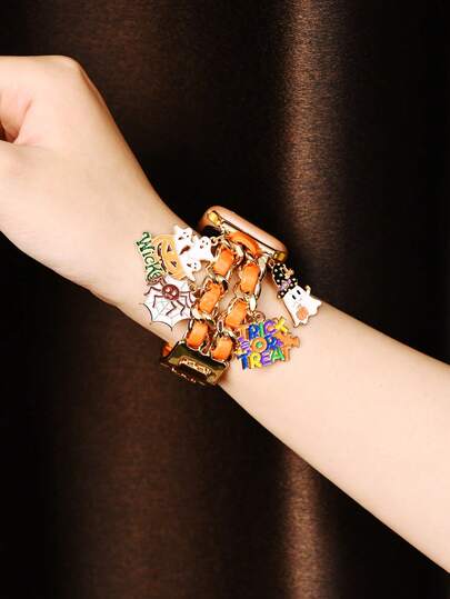 1PC Halloween Gold Pumpkin Ghost Pendant Chain Metal Band Bracelets Compatible With Apple Watch Bands 49/46/45/44/42/41/40/38mm Jewelry Women,Stylish Cowboy Link With Cute Charms Trick Or Treat Pendants Dressy Wristband For Series 10 Ultra 2 9 8 7 6 5 4 3 2 SE