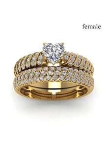 Wedding Jewelry Accessories Fashion Jewelry Golden Couple Rings For Lover's Vintage Stainless Steel Men Rings Romantic Heart Zirconia Ring Set Bridal Engagement Gift - 女士 - 查看 3