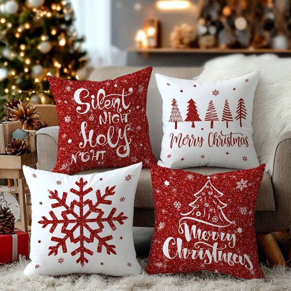 4pcs Christmas Vintage Red Sequin Snowflake Christmas Tree "Merry Christmas" Pillow Cover Set (Flat Printed Pattern), Single-Sided Printed Plush Polyester Material, 45*45/50*50/40*40CM Cushion Cover Suitable For Room Decor, Modern Minimalist Sofa Living Room Decor, Gift, Party Decoration