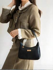 荔枝纹 PU 女包，时尚女士单肩包，纯色合成皮革手提包，拉链开合，带腕带，涤纶内衬，多功能腋下饺子包，荔枝纹亮片装饰腋下包，小众设计手提包，单肩包，街头风格手提包 - 彩色 - 查看 15