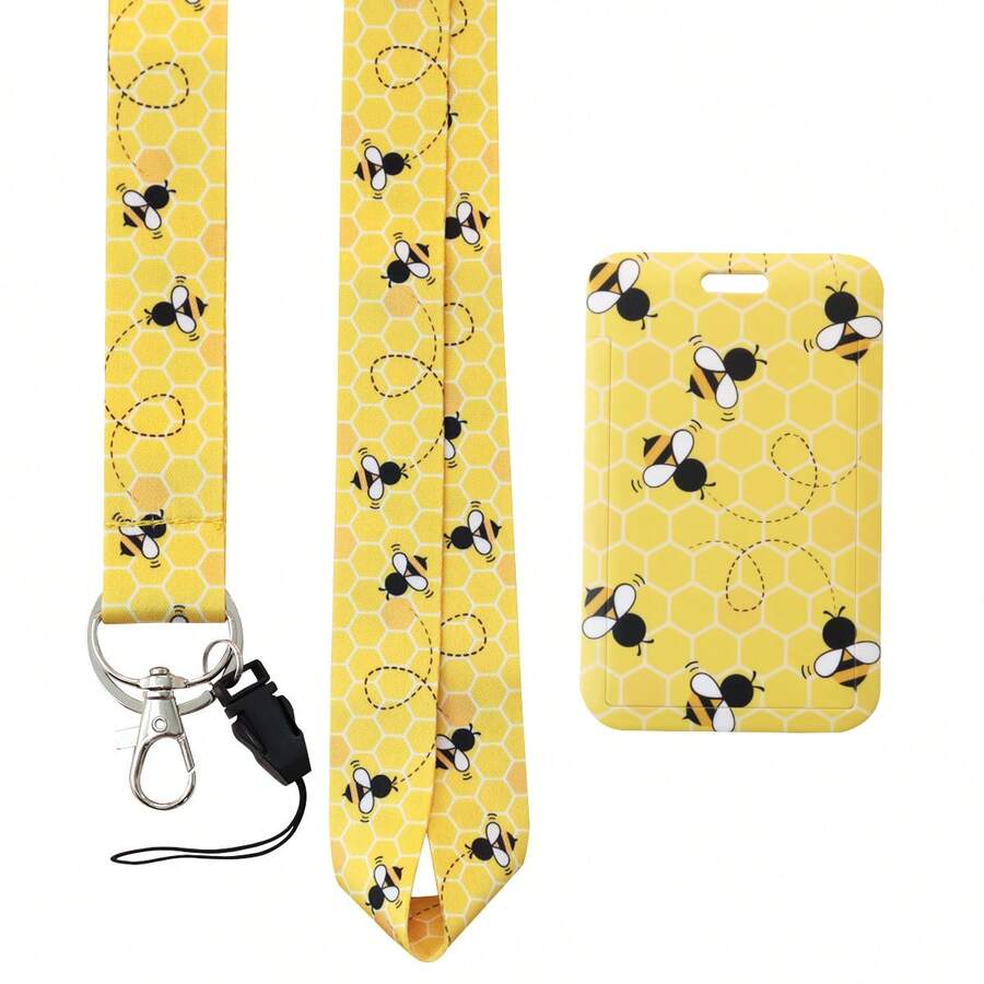 1pc Cute Bee Teacher Neck Lanyard With ID Badge Card Holder,Metal Keyring,Cell Phone Rope,Yellow Polyester Cell Phone Lanyard Necklace For ID Badge Card Holder,Keys,Keychain,Great Gift For Women,Teachers,Students,Staff