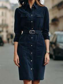 Elegant Urban Chic Corduroy Faux Pocket Front Single-Breasted Mid-Length Cinched Waist Wrap Dress, Navy Blue Cardigan Dress With Pockets, Women's Christmas Dress, New Year Dress, Elegant Party Dress, Women's Elegant Dress, Women's Casual Dress, Women's Winter Clothing, Comfortable Casual Dress - Blue - View 2