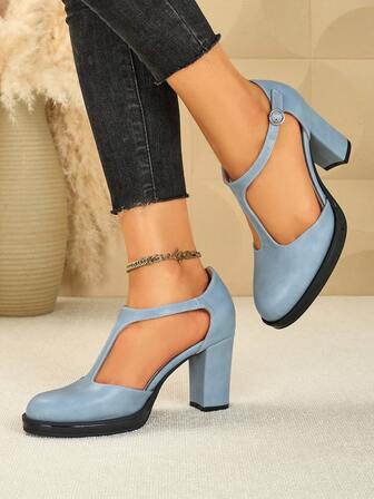 Pantofi sport damă cu toc gros și vârf rotund, impermeabili, cu platformă, din piele, cataramă metalică, cu bareta din spate, cu gol, casual