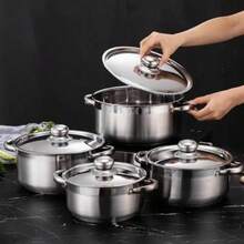 Juego de utensilios de cocina de acero inoxidable, 5 ollas con 5 tapas y olla con doble asa para cocinar en casa. - Plateado - Ver 6