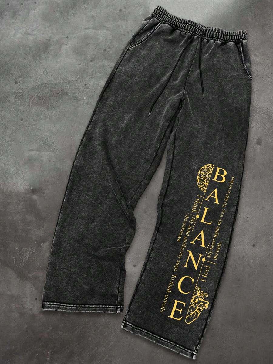 "Landscape Artwork"Men Washed Water Worn Drawstring Trousers, Fall