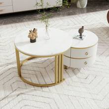 2-In-1 Round MDF Coffee Table, Side Table With Glossy Top And 1 White Marble Top, Living Room Coffee Table Combination With 2 Drawers, 70*70*46 + 50*50*40 Cm - White + MDF - View 4