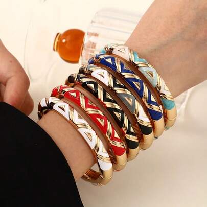 1PC Vintage Opulent Zinc Alloy Gold-Plated Enamel Artisan Color Slim Delicate Hoop Cuff Bracelet For Women Met Gala Nightclub Music Festival Couture Party Daily Jewelry Gift For Socialites Luxury Collectors