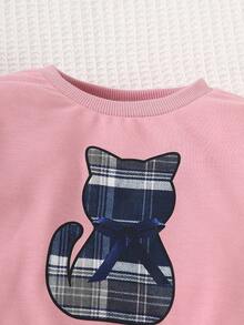 1 件女童休闲“我的猫”字母、蝴蝶结和猫图案柔软针织长袖运动衫格子连衣裙，秋冬 - 藕粉色 - 查看 3