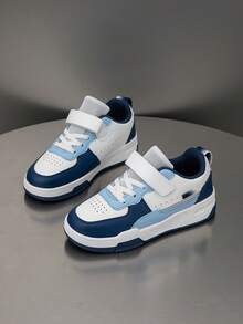 1 Pair Kids Mid-Top Sneakers, PU Leather, Indoor/Outdoor Casual Running Shoes, Easy Slip-On, Non-Slip, Breathable, Comfortable, Fashion, Retro Style, Color Blocking - Blue - View 8