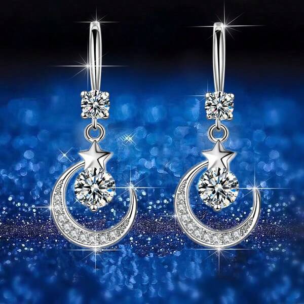 1pc 925 Silver Niche Personalized Star Moon Diamond Zirconia Earrings, Women's Fashion Jewelry