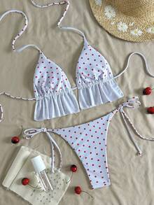 Elegant Women's Spaghetti Strap Bikini Set With Red Polka Dots, Featuring Tie-Side Bottoms And A Ruffled Top. Casual Yet Sexy, Perfect For Beach Vacations, Pool Parties, And Summer Getaways