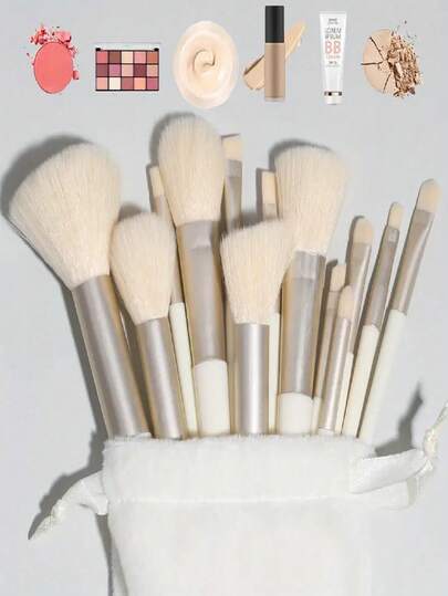 13pcs A Set Of 13 Soft And Fluffy Professional Makeup Brushes With A Storage Bag, Perfect For Travel. Ideal For Applying Foundation, Eyeshadow, And Blush, It's The Ideal Tool For Eyeshadow, Eyeliner, Foundation, And Blending. Versatile Kabuki Makeup Brushes For Creating Flawless Makeup (In Milky White)